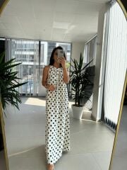 Bb 30115 Siyah Puantiyeli Maksiboy Keten Elbise