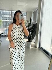 Bb 30115 Siyah Puantiyeli Maksiboy Keten Elbise