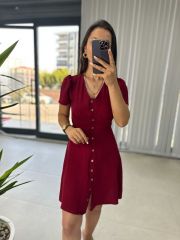 Floş Vişne Kemik Düğmeli Elbise
