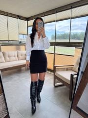 Ky 34440 Crep Detaylı Beyaz Gömlek Kalem Elbise