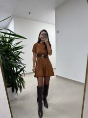 Bb 30485 Süet Taba Kemerli Elbise