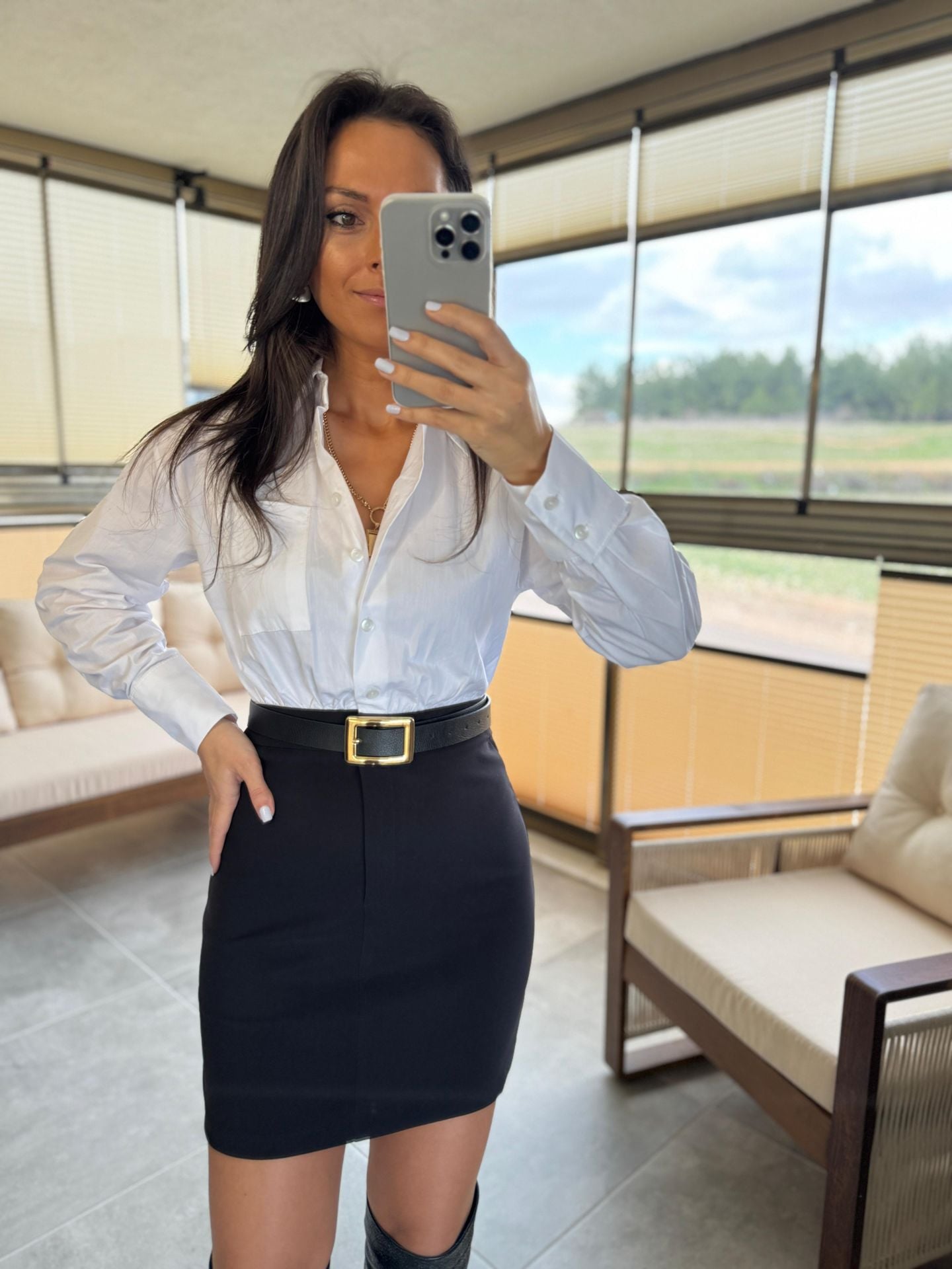 Ky 34440 Crep Detaylı Beyaz Gömlek Kalem Elbise