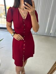 Floş Vişne Kemik Düğmeli Elbise