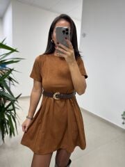 Bb 30485 Süet Taba Kemerli Elbise