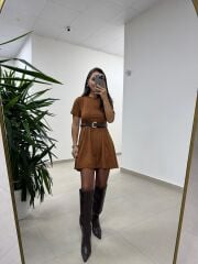 Bb 30485 Süet Taba Kemerli Elbise