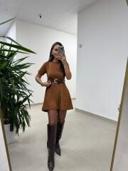 Bb 30485 Süet Taba Kemerli Elbise