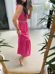 My 3198 Pembe Bel Dekolteli Krinkil Elbise