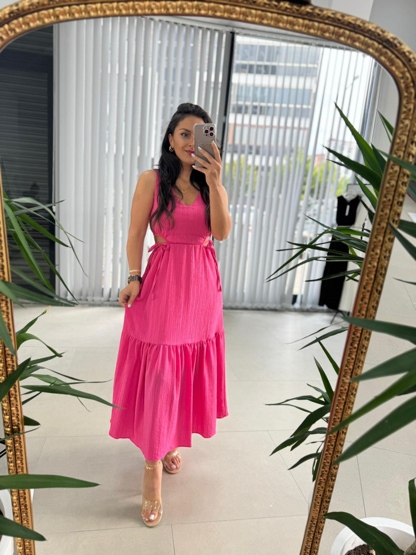 My 3198 Pembe Bel Dekolteli Krinkil Elbise