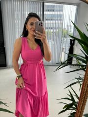 My 3198 Pembe Bel Dekolteli Krinkil Elbise