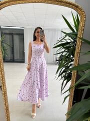 My 4009 Fresh Floral Kare Yaka Lila Elbise