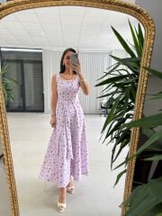 My 4009 Fresh Floral Kare Yaka Lila Elbise