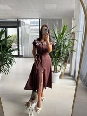 Ms 195 Gül Nakışlı Kahve Gömlek Elbise