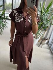 Ms 195 Gül Nakışlı Kahve Gömlek Elbise