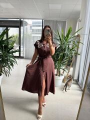 Ms 195 Gül Nakışlı Kahve Gömlek Elbise