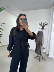 Art 4013 Tensel Kemer Detaylı Siyah Yelek Takım