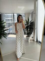 Bb 30115  Bitter Kahve Maksiboy Puantiyeli Keten Elbise