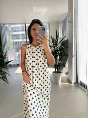 Bb 30115  Bitter Kahve Maksiboy Puantiyeli Keten Elbise
