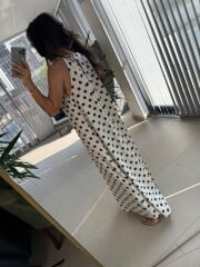Bb 30115  Bitter Kahve Maksiboy Puantiyeli Keten Elbise