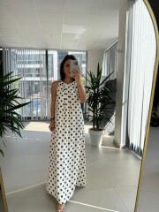Bb 30115  Bitter Kahve Maksiboy Puantiyeli Keten Elbise