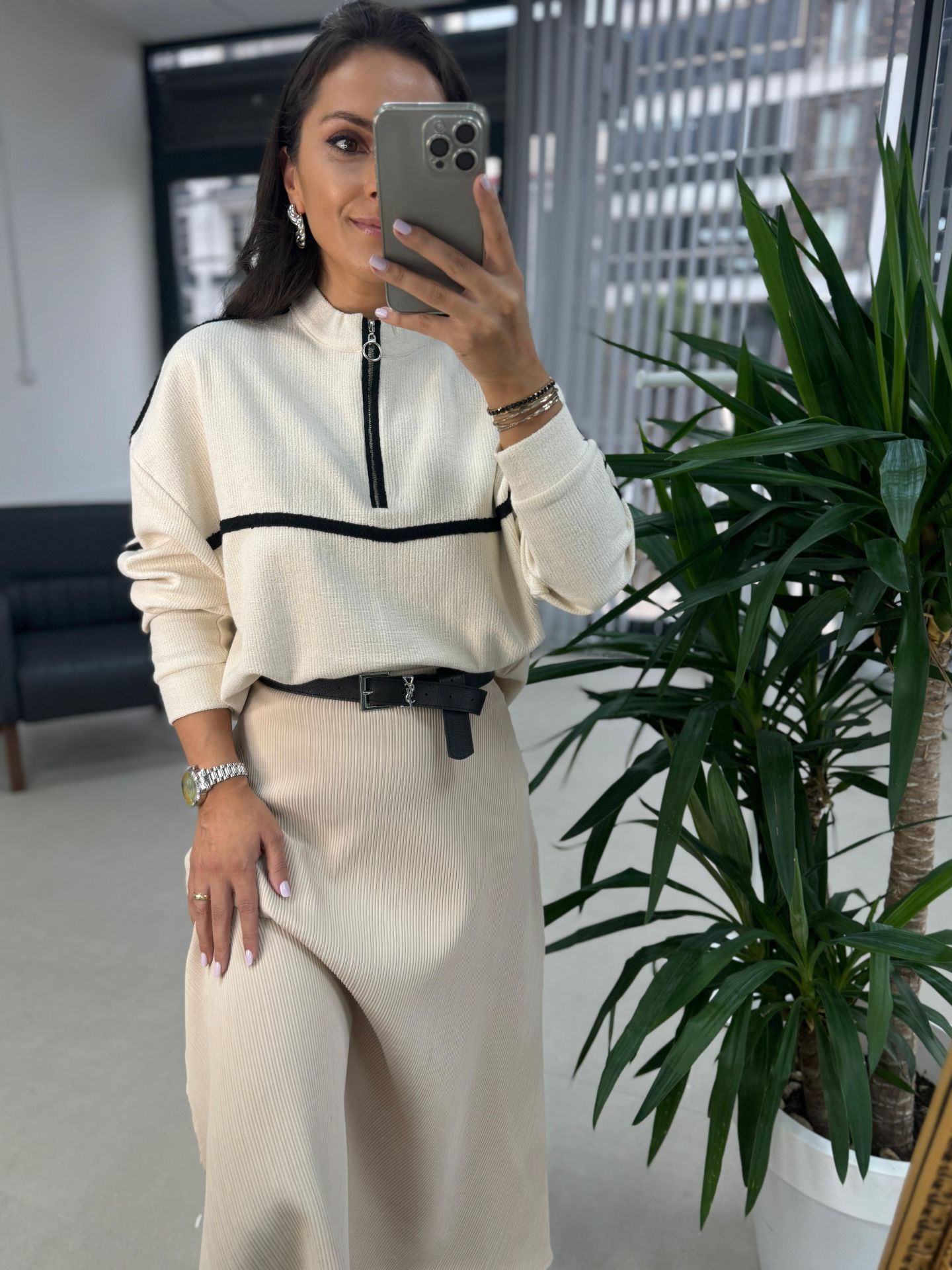 Sg Fermuar Detaylı Krem Triko Sweat