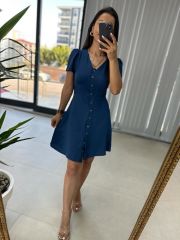 Floş indigo Kemik Düğmeli Elbise