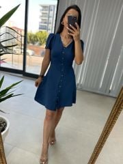 Floş indigo Kemik Düğmeli Elbise