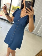 Floş indigo Kemik Düğmeli Elbise