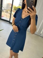 Floş indigo Kemik Düğmeli Elbise