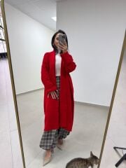 Qs 0006 Kırmızı Oversize Uzun Triko Hırka