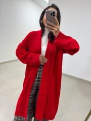 Qs 0006 Kırmızı Oversize Uzun Triko Hırka
