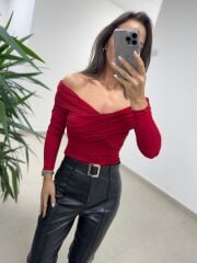 MN V Yaka Kırmızı Drapeli Sandy Bluz