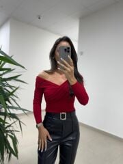 MN V Yaka Kırmızı Drapeli Sandy Bluz
