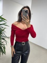 MN V Yaka Kırmızı Drapeli Sandy Bluz