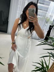 My 3198 Off White Bel Dekolteli Krinkıl Elbise