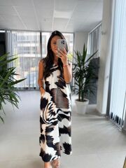 Bb 30156 Ekru-Kahve Renk Geçişli V Yaka Elbise