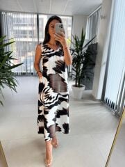 Bb 30156 Ekru-Kahve Renk Geçişli V Yaka Elbise