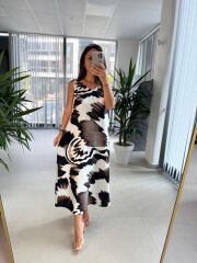 Bb 30156 Ekru-Kahve Renk Geçişli V Yaka Elbise