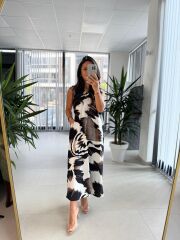 Bb 30156 Ekru-Kahve Renk Geçişli V Yaka Elbise