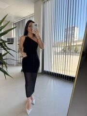 My 3703 Tek Omuz Dekolteli Taşlı Elbise