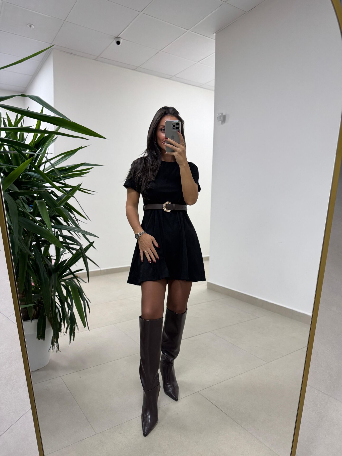 Bb 30485 Süet Siyah Kemerli Elbise