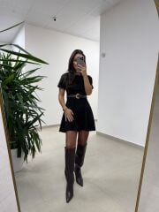 Bb 30485 Nubuk Siyah Kemerli Elbise