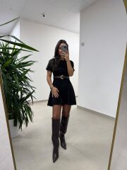Bb 30485 Süet Siyah Kemerli Elbise