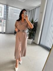 Fw 8118 Vizon Kemerli Tensel Kahve Elbise