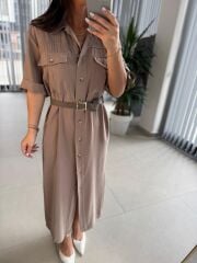 Fw 8118 Vizon Kemerli Tensel Kahve Elbise