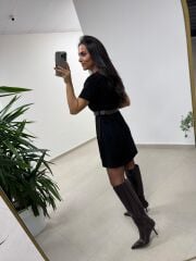 Bb 30485 Nubuk Siyah Kemerli Elbise