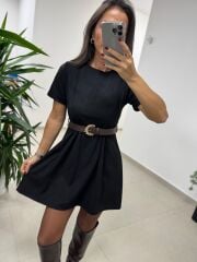 Bb 30485 Nubuk Siyah Kemerli Elbise