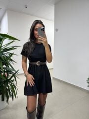 Bb 30485 Nubuk Siyah Kemerli Elbise