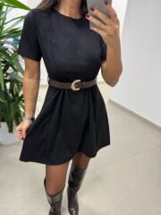 Bb 30485 Nubuk Siyah Kemerli Elbise