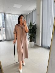 Fw 8118 Vizon Kemerli Tensel Kahve Elbise