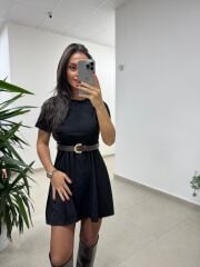 Bb 30485 Nubuk Siyah Kemerli Elbise